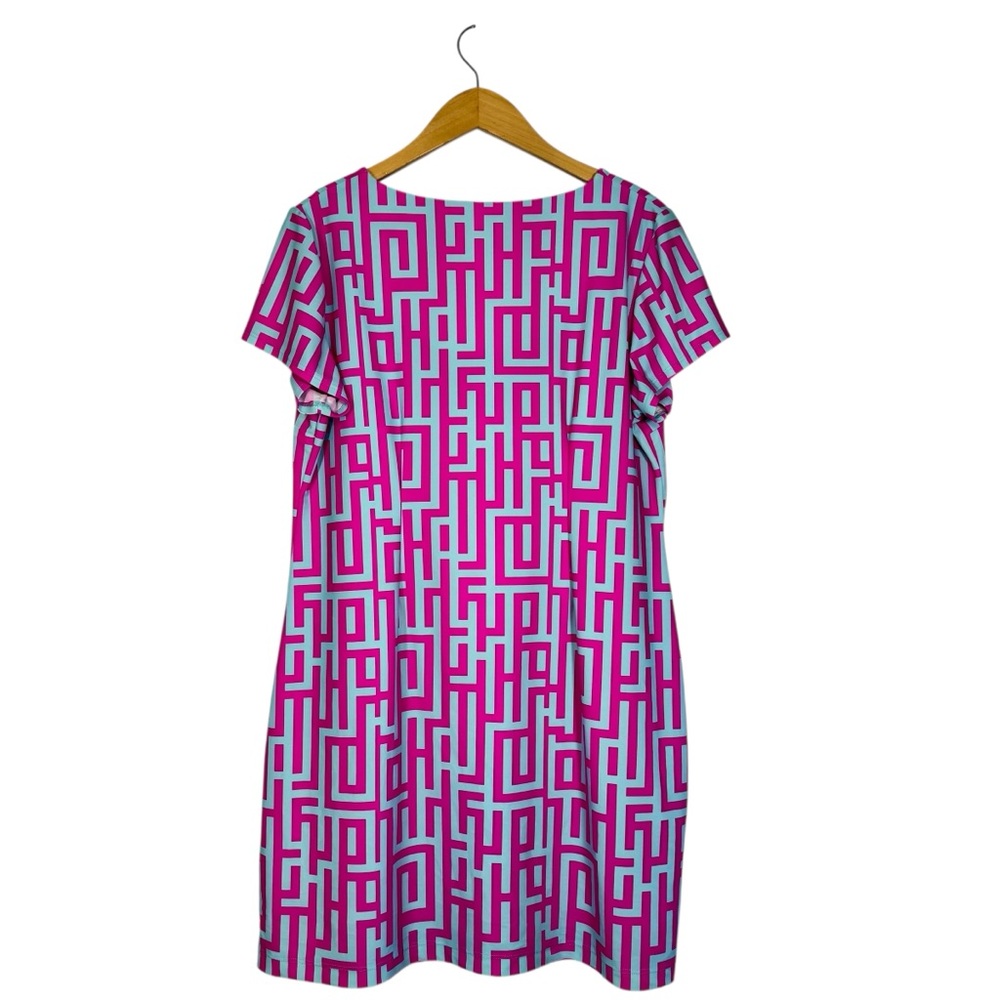 Britt by Britt Ryan Pink Blue Shift Dress Sz LG Nylon/Spandex V‎ Neck Pockets